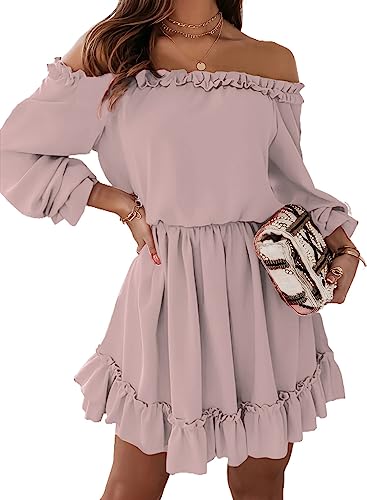 Dokotoo Kleid Damen Langarm Elegant Hohe Taille Einfarbig Schulterfrei A-Linien Minikleid Partykleid Freizeitkleid Dating-Kleid Sommerkleider Rüschenkleid Rosa L von Dokotoo