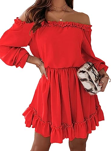 Dokotoo Kleid Damen Langarm Elegant Hohe Taille Einfarbig Schulterfrei A-Linien Minikleid Partykleid Freizeitkleid Dating-Kleid Sommerkleider Rüschenkleid Rot L von Dokotoo