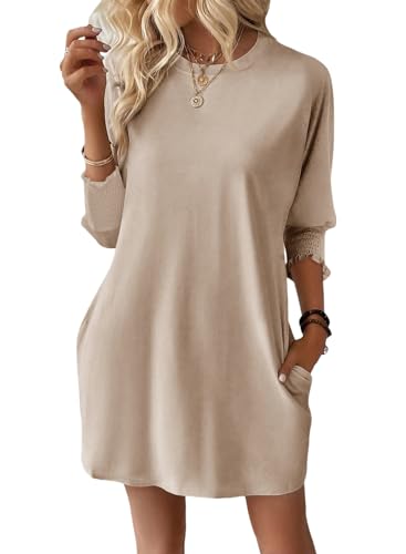 Dokotoo Kleid Damen Sommer 2025 Lässig Sommerkleider Rundhals 3/4 Ärmel Minikleid Sonnenkleid Einfarbig Kurzarm Strand Kleider Frühlings Sommerkleid Lockeres Freizeitkleid Beige M von Dokotoo