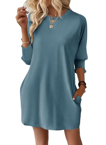 Dokotoo Kleid Damen Sommer 2025 Lässig Sommerkleider Rundhals 3/4 Ärmel Minikleid Sonnenkleid Einfarbig Kurzarm Strand Kleider Frühlings Sommerkleid Lockeres Freizeitkleid Blau XL von Dokotoo