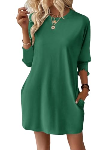 Dokotoo Kleid Damen Sommer 2025 Lässig Sommerkleider Rundhals 3/4 Ärmel Minikleid Sonnenkleid Einfarbig Kurzarm Strand Kleider Frühlings Sommerkleid Lockeres Freizeitkleid Grün XL von Dokotoo