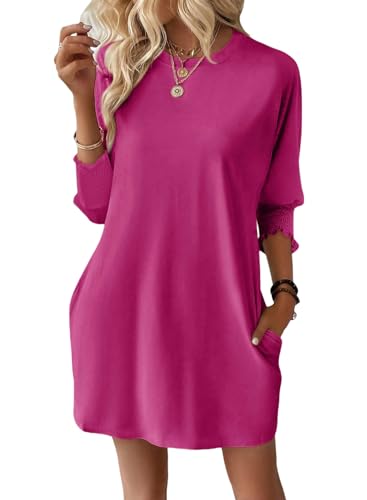 Dokotoo Kleid Damen Sommer 2025 Lässig Sommerkleider Rundhals 3/4 Ärmel Minikleid Sonnenkleid Einfarbig Kurzarm Strand Kleider Frühlings Sommerkleid Lockeres Freizeitkleid Rot 2XL von Dokotoo