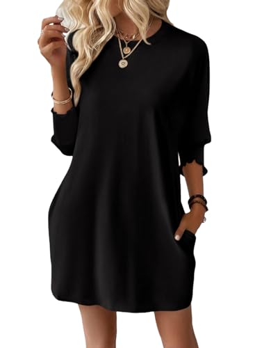 Dokotoo Kleid Damen Sommer 2025 Lässig Sommerkleider Rundhals 3/4 Ärmel Minikleid Sonnenkleid Einfarbig Kurzarm Strand Kleider Frühlings Sommerkleid Lockeres Freizeitkleid Schwarz XL von Dokotoo