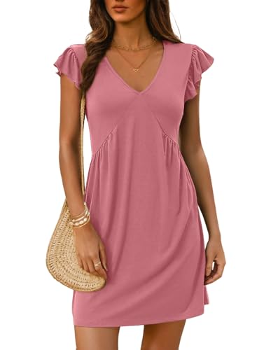 Dokotoo Kleider Damen Sommer 2025 Lässig Sommerkleider V-Ausschnitt Rüschenärmel Minikleid Sonnenkleid Einfarbig Kurzarm Strand Kleid Lockeres Freizeitkleid Rosa S von Dokotoo