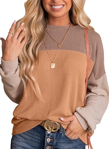 Dokotoo Langarmshirt Damen Pullover Farbblock Rundhals Langarm Sweatshirt Shirts Pulli Locker Casual Geripptes Oberteil Bluse Tops für Herbst Winter, Khaki, L von Dokotoo