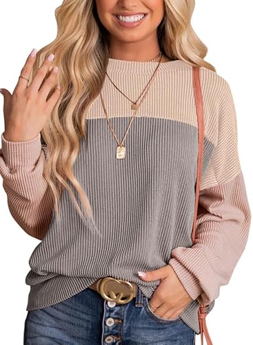 Dokotoo Langarmshirt Damen Pullover Farbblock Rundhals Langarm Sweatshirt Shirts Pulli Locker Casual Geripptes Oberteil Bluse Tops für Herbst Winter, grau, L von Dokotoo