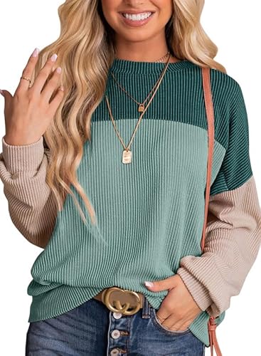 Dokotoo Langarmshirt Damen Pullover Farbblock Rundhals Langarm Sweatshirt Shirts Pulli Locker Casual Geripptes Oberteil Bluse Tops für Herbst Winter, grün, L von Dokotoo