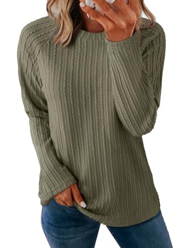 Dokotoo Langarmshirt Damen Rundhals Strickmuster T-Shirt Basic Longsleeve Shirts Herbst Winter Leichte Lässige Oberteile Pullover Pulli, grasgrün, L von Dokotoo