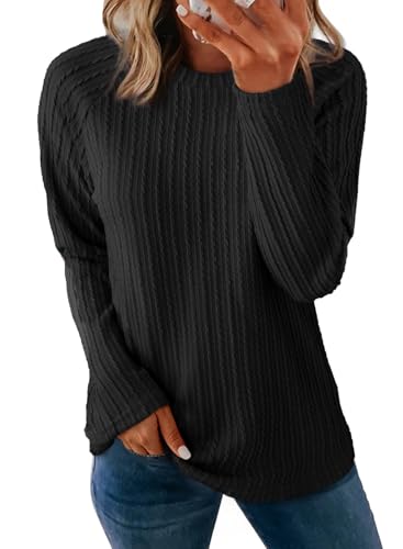 Dokotoo Langarmshirt Damen Rundhals Strickmuster T-Shirt Basic Longsleeve Shirts Herbst Winter Leichte Lässige Oberteile Pullover Pulli, schwarz, L von Dokotoo