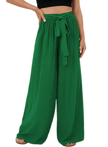 Dokotoo Leinenhose Damen Leichte Sommerhose Musselin Hose Casual High Waist Palazzo Hose Sommer Luftige Stoffhose Freizeithose mit Taschen, dunkelgrün, M von Dokotoo