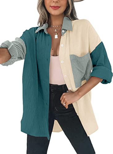 Dokotoo Musselin Bluse Damen Oversized Langarmshirt Baumwolle Lässig Oberteile Hemd Langarm Farbblock Shirts Einfarbig Tops Hemdjacke Baumwollhemd Grün 2XL von Dokotoo