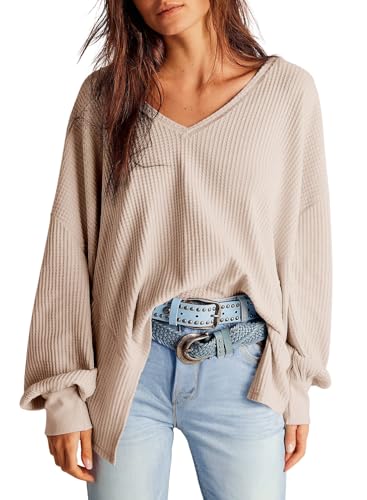 Dokotoo Oberteile Damen Langarm Oversize Tshirt V-Ausschnitt Pullover Hemd Bluse Herbst Locker Waffel Stricken Blusen Tunika Unregelmäßiger Schnitt Langarmshirt Sweatshirt Pulli Shirts Aprikose XL von Dokotoo