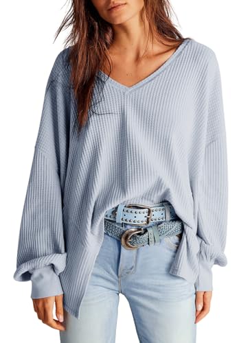 Dokotoo Oberteile Damen Langarm Oversize Tshirt V-Ausschnitt Pullover Hemd Bluse Herbst Locker Waffel Stricken Blusen Tunika Unregelmäßiger Schnitt Langarmshirt Sweatshirt Pulli Shirts Beau Blau L von Dokotoo