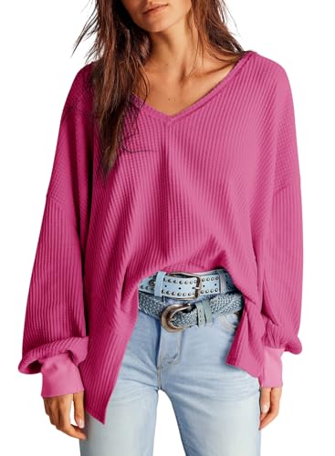 Dokotoo Oberteile Damen Langarm Oversize Tshirt V-Ausschnitt Pullover Hemd Bluse Herbst Locker Waffel Stricken Blusen Tunika Unregelmäßiger Schnitt Langarmshirt Sweatshirt Pulli Shirts Rosa S von Dokotoo