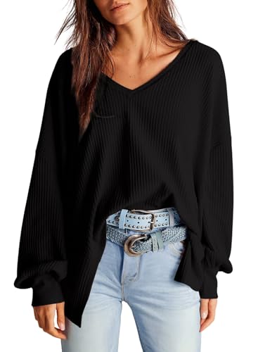 Dokotoo Oberteile Damen Langarm Oversize Tshirt V-Ausschnitt Pullover Hemd Bluse Herbst Locker Waffel Stricken Blusen Tunika Unregelmäßiger Schnitt Langarmshirt Sweatshirt Pulli Shirts Schwarz XL von Dokotoo