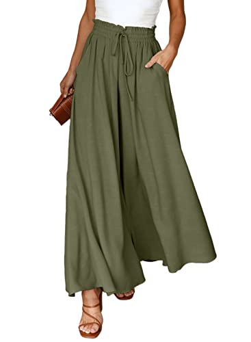 Dokotoo Sommerhose Damen Leicht Lässige Palazzo Hose High Waist Einfarbig Freizeithose Baumwolle Leinen Hosen mit Taschen Kordelzug Baggy Elastisch Stoffhose Grün M von Dokotoo