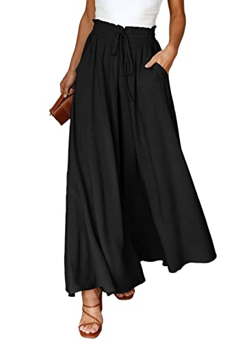 Dokotoo Sommerhose Damen Leicht Lässige Palazzo Hose High Waist Einfarbig Freizeithose Baumwolle Leinen Hosen mit Taschen Kordelzug Baggy Elastisch Stoffhose Schwarz S von Dokotoo