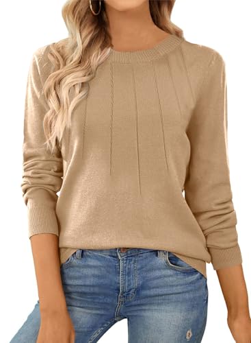 Dokotoo Pullover Damen Basic Strickpullover Langarm Rundhals Shirt Elegant Herbst Winter Oberteile Pulli Sweater, beige, 2XL von Dokotoo