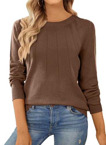 Dokotoo Pullover Damen Basic Strickpullover Langarm Rundhals Shirt Elegant Weich Oberteil Herbst Winter Einfarbiger Pulli, Kaffee, S von Dokotoo