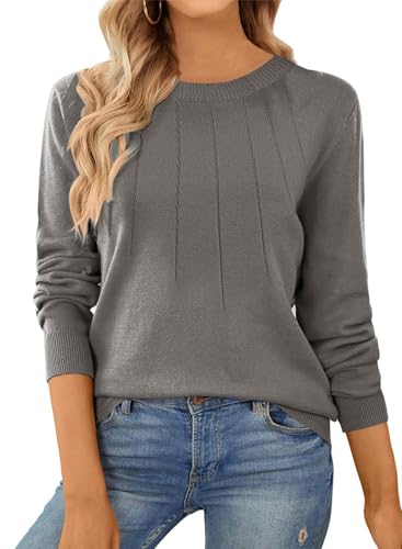 Dokotoo Pullover Damen Basic Strickpullover Langarm Rundhals Shirt Elegant Weich Oberteil Herbst Winter Einfarbiger Pulli, grau, S von Dokotoo