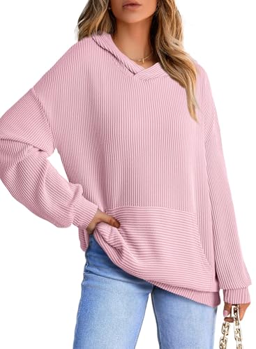 Dokotoo Pullover Damen Herbst Hoodie Langarm mit Kapuze Sweatshirt Tops Lässig Einfarbig RIPP Stricken Oberteile Kapuzenpullover Rosa XL von Dokotoo