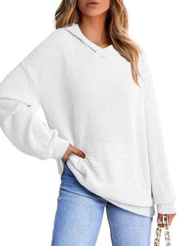 Dokotoo Pullover Damen Herbst Hoodie Langarm mit Kapuze Sweatshirt Tops Lässig Einfarbig RIPP Stricken Oberteile Kapuzenpullover Weiß M von Dokotoo