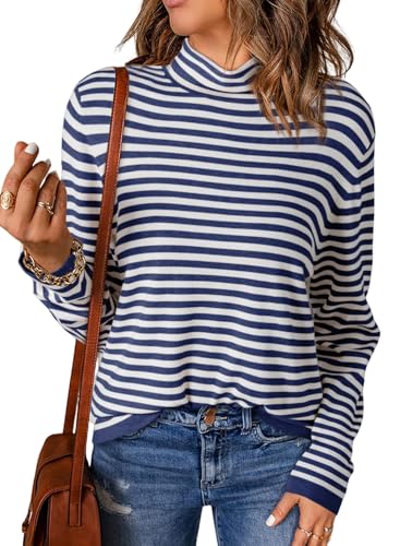 Dokotoo Pullover Damen Herbst Strickpullover Langarm Gestreift Rollkragenpullover Lässig Oversize Sweater Oberteile Langarmshirt Pulli Strick Winterpullover Stretch Leicht T-Shirts Tops Blau S von Dokotoo