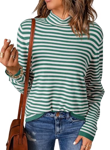 Dokotoo Pullover Damen Herbst Strickpullover Langarm Gestreift Rollkragenpullover Lässig Oversize Sweater Oberteile Langarmshirt Pulli Strick Winterpullover Stretch Leicht T-Shirts Tops Grün 2XL von Dokotoo