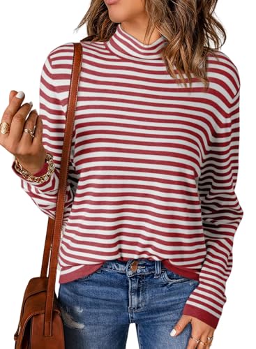 Dokotoo Pullover Damen Herbst Strickpullover Langarm Gestreift Rollkragenpullover Lässig Oversize Sweater Oberteile Langarmshirt Pulli Strick Winterpullover Stretch Leicht T-Shirts Tops Rot XL von Dokotoo