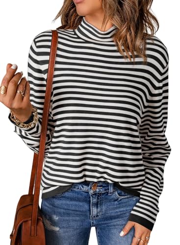 Dokotoo Pullover Damen Herbst Strickpullover Langarm Gestreift Rollkragenpullover Lässig Oversize Sweater Oberteile Langarmshirt Pulli Strick Winterpullover Stretch Leicht T-Shirts Tops Schwarz L von Dokotoo