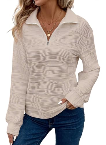 Dokotoo Pullover Damen Herbst Sweatshirt Langarm Reißverschluss-Ausschnitt Hoodie Tops Winter Lässig Einfarbig Stricken Oberteile Sweatshirts Haferflockenfarbe M von Dokotoo