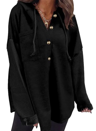 Dokotoo Pullover Damen Hoodie Knopfleiste Oversize Kapuzenpullover Langarm Casual Sweatshirt Jacke Sweatjacke Herbst Winter Baumwolle Kapuzenjacke Kapuzenpulli Pulli, schwarz, L von Dokotoo