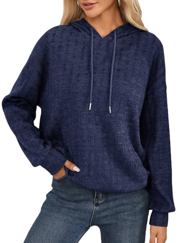 Dokotoo Pullover Damen Hoodie Langarm V Ausschnitt Kapuzenpullover Herbst Winter Lässige Damenpullover Pulli, blau, XXL von Dokotoo