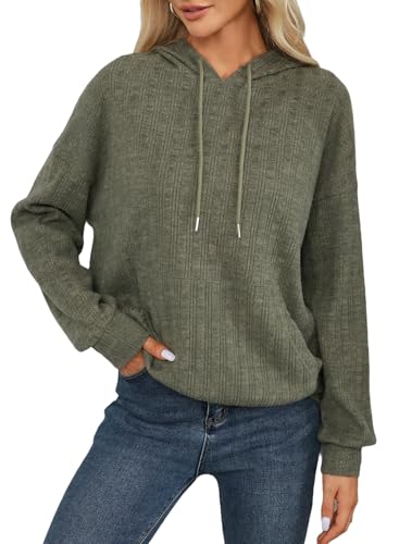 Dokotoo Pullover Damen Hoodie Langarm V Ausschnitt Kapuzenpullover Herbst Winter Lässige Damenpullover Pulli, grün, XXL von Dokotoo