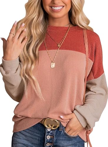 Dokotoo Pullover Damen Langarmshirt Farbblock Rundhals Langarm Sweatshirt Shirts Pulli Casual Locker Geripptes Oberteil Bluse Tops für Herbst Winter, rot, S von Dokotoo