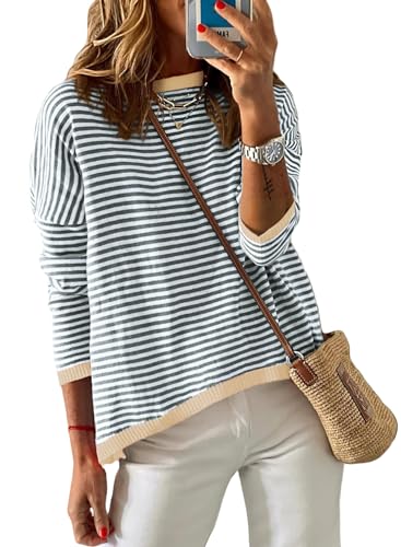 Dokotoo Pullover Damen Rundhals Gestreift Strickpullover Elegant Baumwolle Langarmshirt Oberteil Pulli für Herbst Winter, dunkelgrau, S von Dokotoo