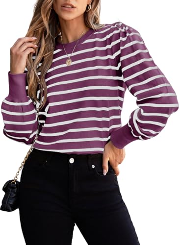 Dokotoo Pullover Damen Rundhals Gestreifter Strickpullover Elegant Herbst Winter Oberteile Pulli Damenpullover, violett, XL von Dokotoo