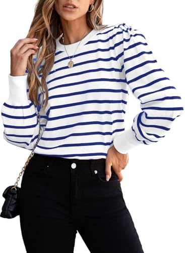 Dokotoo Pullover Damen Rundhals Gestreifter Strickpullover Elegant Herbst Winter Oberteile Pulli Sweatshirt, weiß, L von Dokotoo