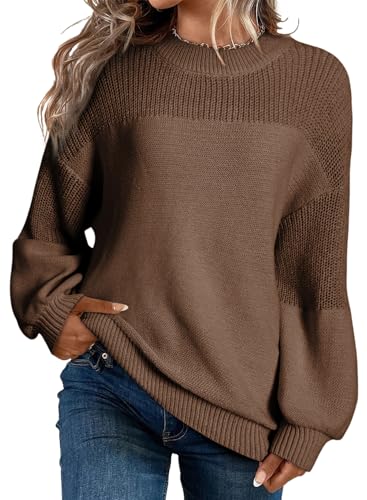 Dokotoo Pullover Damen Rundhals Puffärmel Lose Strickpullover Herbst Winter Lässige Oberteile Pulli Sweater, Kaffee, M von Dokotoo