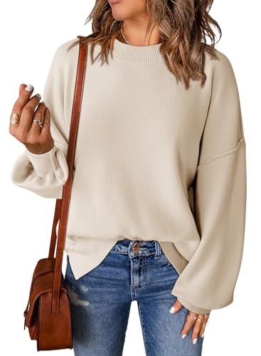 Dokotoo Pullover Damen Rundhals Puffärmel Strickpullover Einfarbig Lässig Lose Oberteile Pulli Sweatshirt für Herbst Winter, Aprikose, L von Dokotoo