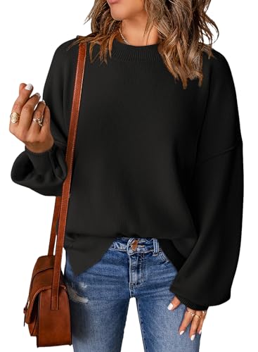 Dokotoo Pullover Damen Rundhals Puffärmel Strickpullover Einfarbig Lässig Lose Oberteile Pulli Sweatshirt für Herbst Winter, schwarz, L von Dokotoo