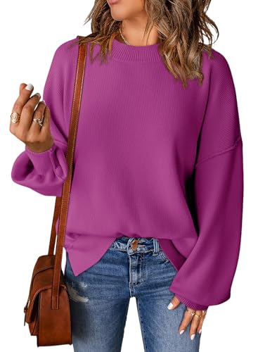 Dokotoo Pullover Damen Rundhals Puffärmel Strickpullover Einfarbig Lässig Lose Oberteile Pulli Sweatshirt für Herbst Winter, violett, L von Dokotoo