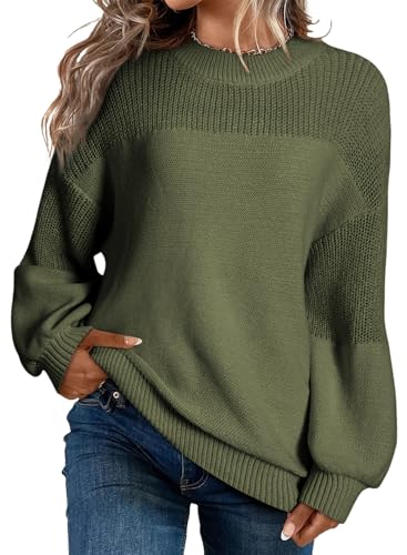 Dokotoo Pullover Damen Rundhals Puffärmel Strickpullover Elegant Herbst Winter Lose Oberteile Pulli Sweater, grün, XL von Dokotoo