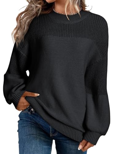 Dokotoo Pullover Damen Rundhals Puffärmel Strickpullover Elegant Herbst Winter Lose Oberteile Pulli Sweater, schwarz, XL von Dokotoo