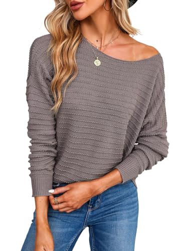 Dokotoo Pullover Damen Rundhals Struktur Strickpullover Basic Herbst Winterpullover Pulli Einfarbig Lose Oberteile Langarmshirt Shirt, grau, L von Dokotoo