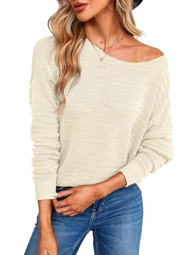 Dokotoo Pullover Damen Rundhals Struktur Strickpullover Pulli Basic Langarm Lose Oberteile Shirts Sweater für Herbst Winter, Aprikose, XL von Dokotoo