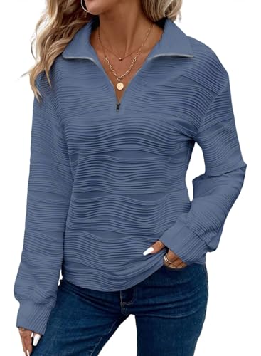 Dokotoo Pullover Damen Sweatshirt Herbst Langarm Reißverschluss-Ausschnitt Hoodie Tops Lässig Einfarbig Stricken Oberteile Sweatshirts Blau S von Dokotoo