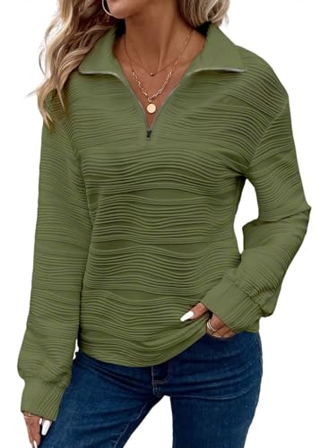 Dokotoo Pullover Damen Sweatshirt Herbst Langarm Reißverschluss-Ausschnitt Hoodie Tops Lässig Einfarbig Stricken Oberteile Sweatshirts Grün XL von Dokotoo