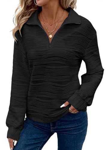 Dokotoo Pullover Damen Sweatshirt Herbst Langarm Reißverschluss-Ausschnitt Hoodie Tops Lässig Einfarbig Stricken Oberteile Sweatshirts Schwarz M von Dokotoo