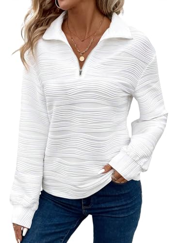 Dokotoo Pullover Damen Sweatshirt Herbst Langarm Reißverschluss-Ausschnitt Hoodie Tops Lässig Einfarbig Stricken Oberteile Sweatshirts Weiß XL von Dokotoo